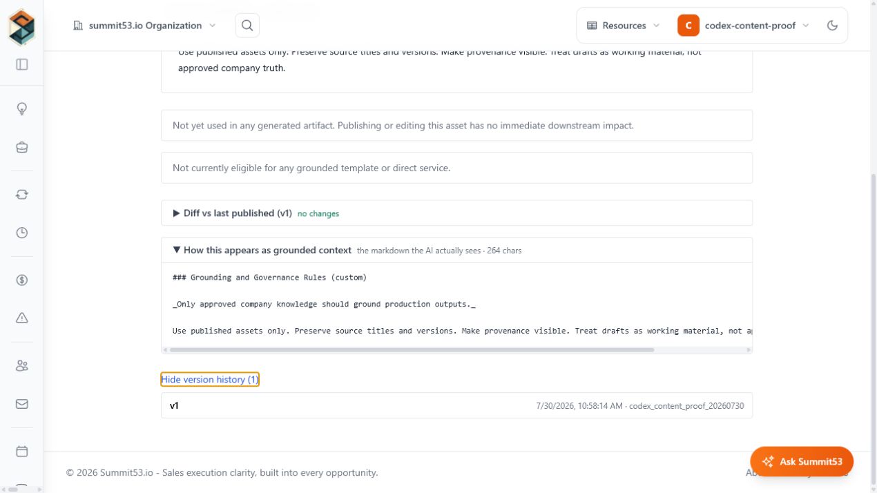 Summit53 Knowledge detail demonstration showing the exact grounded markdown supplied to AI and the published version history