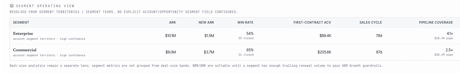 The Segment Operating View — an 8-column QBR-ready cross-cut by Enterprise vs Commercial: ARR, new ARR, win rate, first-contract ACV, sales cycle, pipeline coverage, capacity gap.