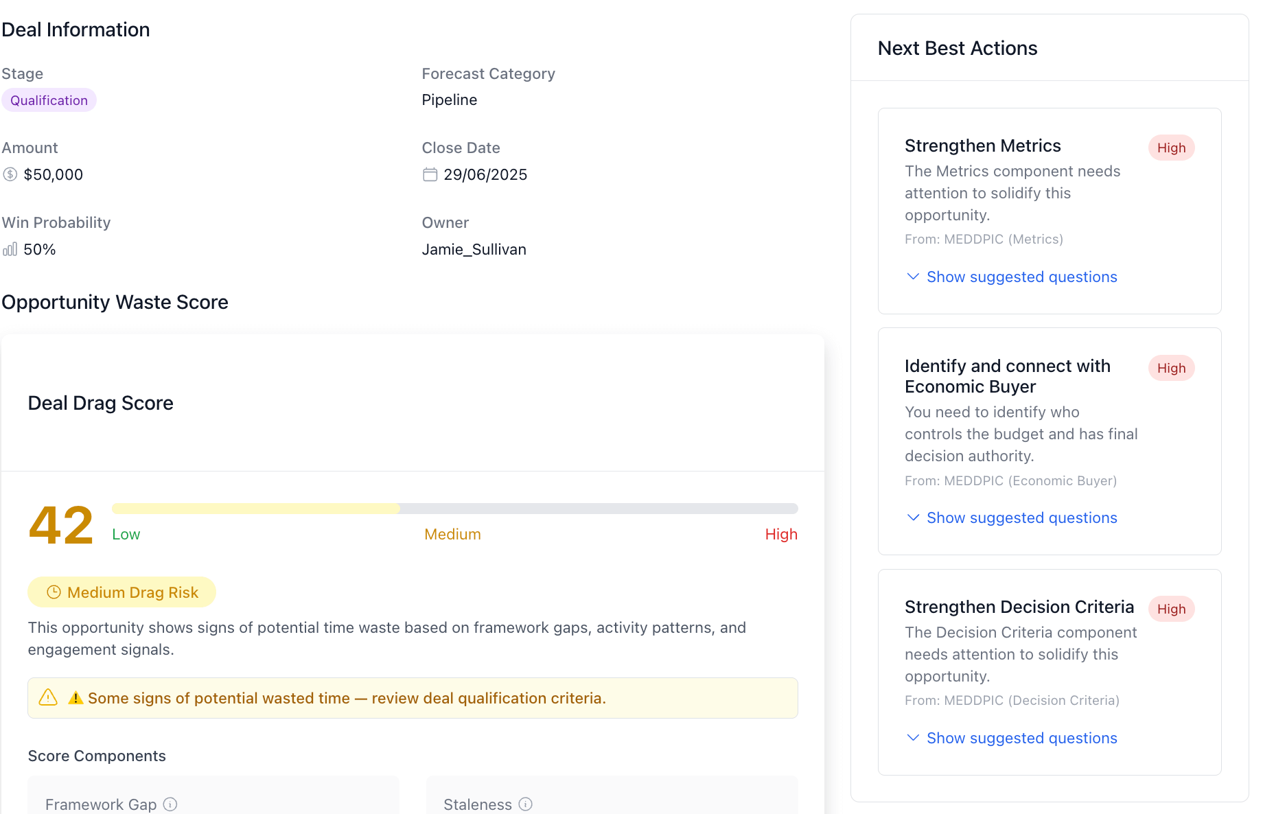 Next Best Actions panel showing prioritized actions based on framework gaps